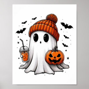 Cute Ghost Drinking Coffee Halloween Ghost Ice Cof Poster