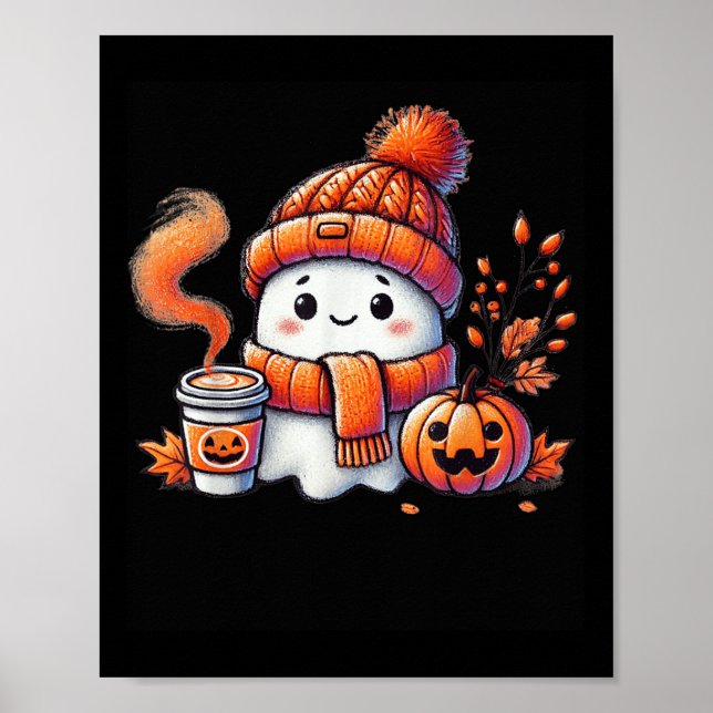 Cute Ghost Drinking Coffee Halloween Ghost Ice Cof Poster (Front)