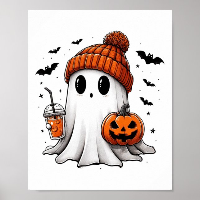 Cute Ghost Drinking Coffee Halloween Ghost Ice Cof Poster (Front)