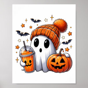 Cute Ghost Drinking Coffee Halloween Ghost Ice Cof Poster