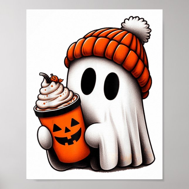 Cute Ghost Drinking Coffee Halloween Ghost Ice Cof Poster (Front)