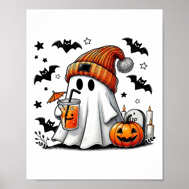 Cute Ghost Drinking Coffee Halloween Ghost Ice Cof Poster (Front)