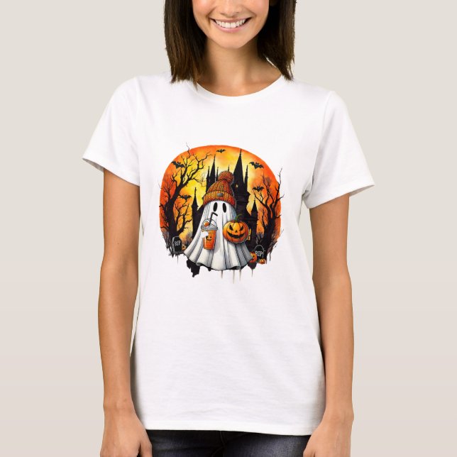 Cute Ghost Drinking Coffee Halloween Ghost Ice Cof T-Shirt (Front)