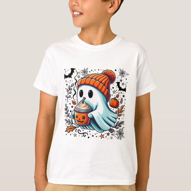 Cute Ghost Drinking Coffee Halloween Ghost Ice Cof T-Shirt (Front)