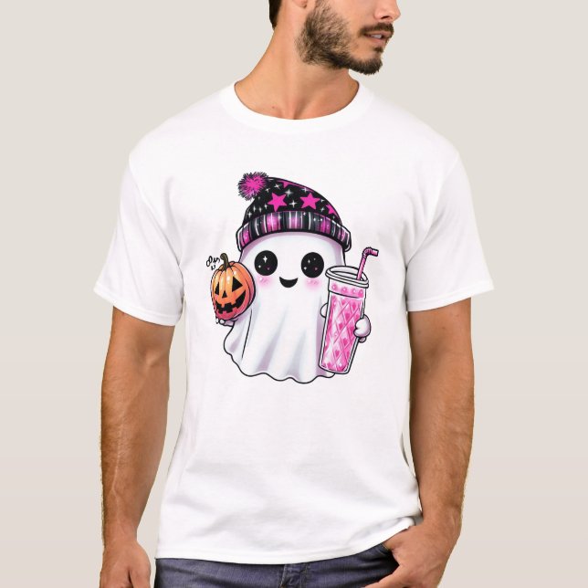 Cute Ghost Drinking Coffee Halloween Ghost Ice Cof T-Shirt (Front)