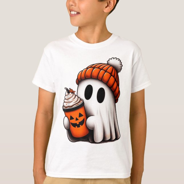 Cute Ghost Drinking Coffee Halloween Ghost Ice Cof T-Shirt (Front)