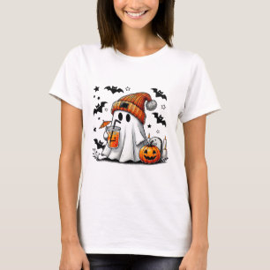 Cute Ghost Drinking Coffee Halloween Ghost Ice Cof T-Shirt