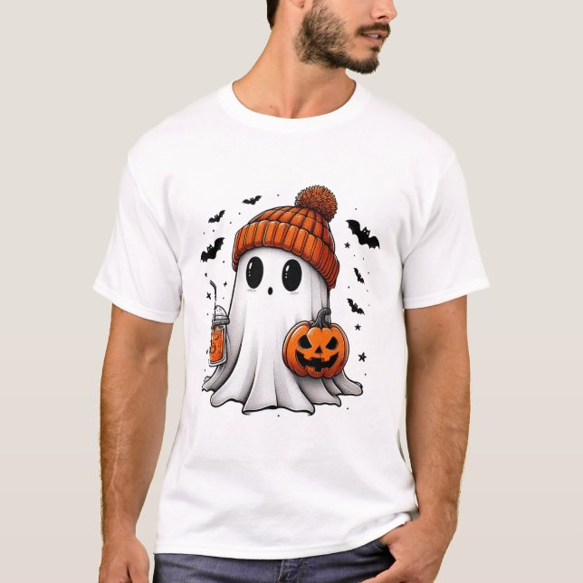 Cute Ghost Drinking Coffee Halloween Ghost Ice Cof T-Shirt (Front)