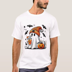 Cute Ghost Drinking Coffee Halloween Ghost Ice Cof T-Shirt