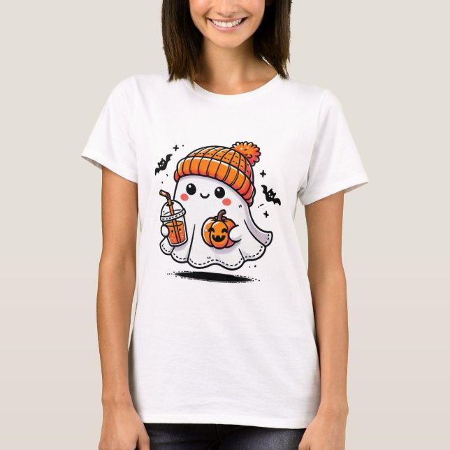 Cute Ghost Drinking Coffee Halloween Ghost Ice Cof T-Shirt (Front)
