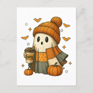 Cute Ghost Drinking Coffee Halloween Holiday Postcard