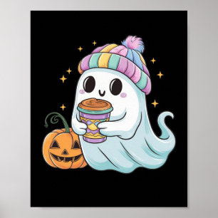 Cute Ghost Drinking Coffee Halloween Ice Coffee Wo Poster