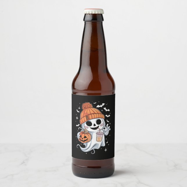 Cute Ghost Drinking Coffee Halloween Iced Coffee Beer Bottle Label (Front)