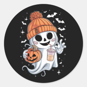Cute Ghost Drinking Coffee Halloween Iced Coffee Classic Round Sticker