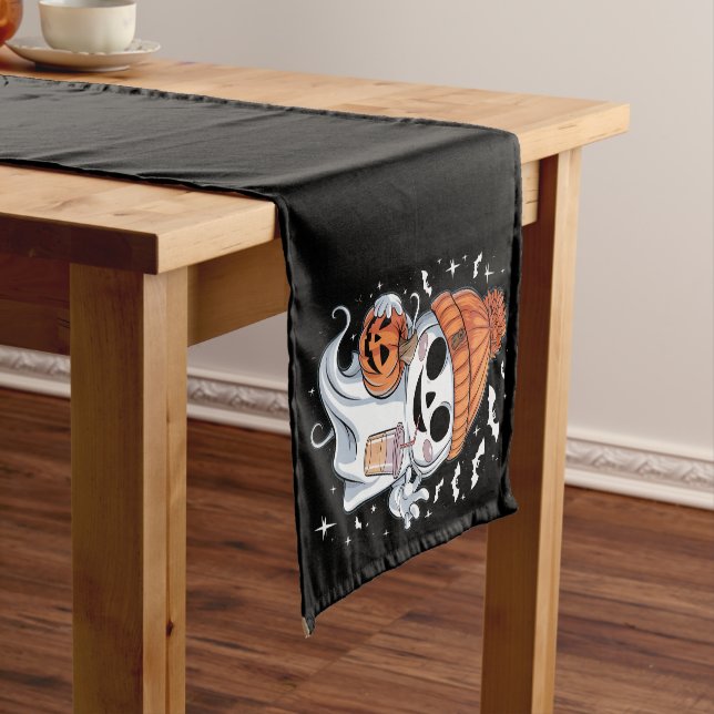 Cute Ghost Drinking Coffee Halloween Iced Coffee Short Table Runner (In Situ)