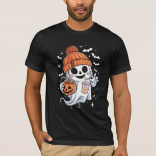 Cute Ghost Drinking Coffee Halloween Iced Coffee T-Shirt