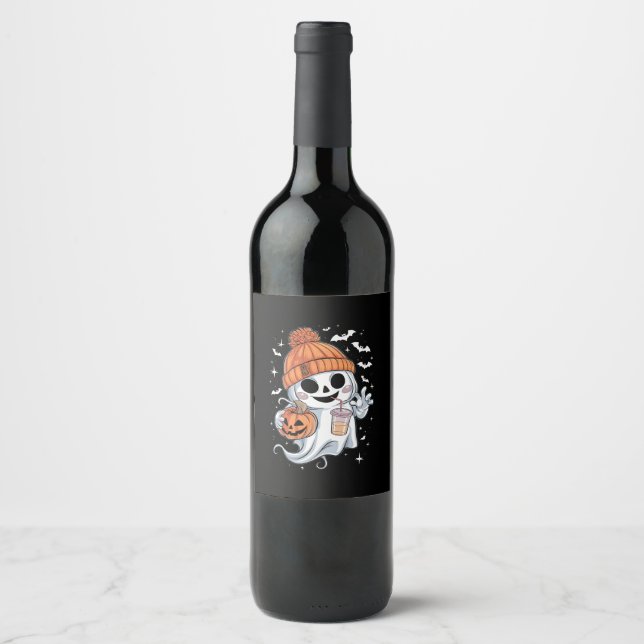 Cute Ghost Drinking Coffee Halloween Iced Coffee Wine Label (Front)