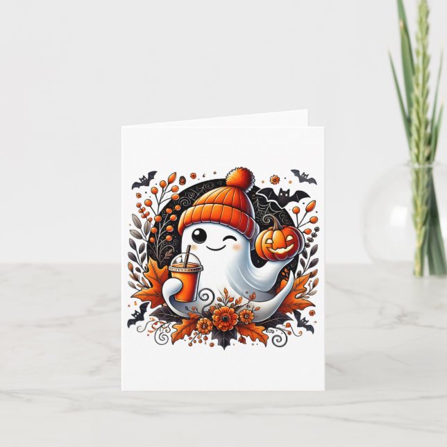 Cute Ghost Drinking Coffee Halloween Theme Spooky  Card (Front)