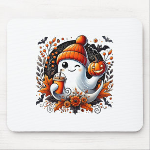 Cute Ghost Drinking Coffee Halloween Theme Spooky Mouse Pad