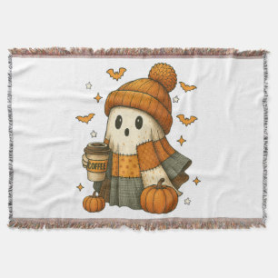 Cute Ghost Drinking Coffee Halloween Throw Blanket