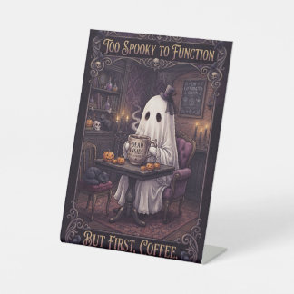 Cute Ghost Drinking Coffee in a Spooky Room Pedestal Sign