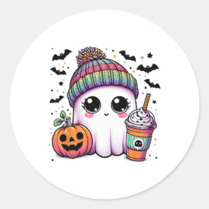 Cute Ghost Drinking Coffee Latte Ghost Boo Hallowe Classic Round Sticker