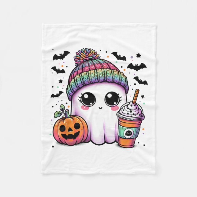 Cute Ghost Drinking Coffee Latte Ghost Boo Hallowe Fleece Blanket (Front)