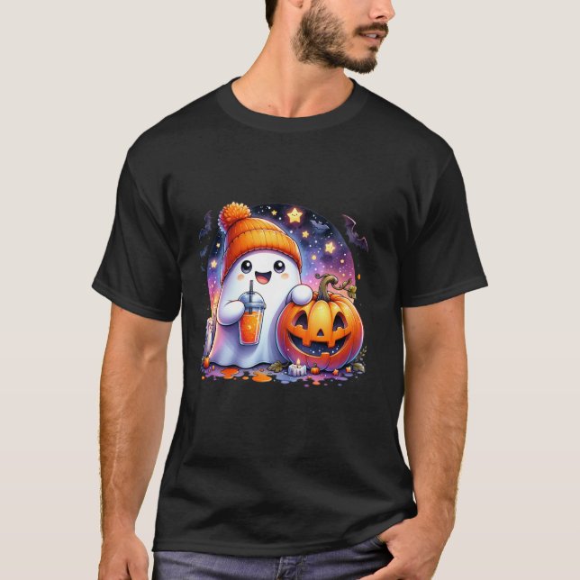 Cute Ghost Drinking Coffee Spice Halloween Ghost I T-Shirt (Front)