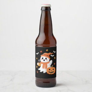 Cute Ghost Drinking Ice Coffee Halloween  Beer Bottle Label