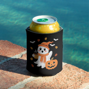 Cute Ghost Drinking Ice Coffee Halloween  Can Cooler