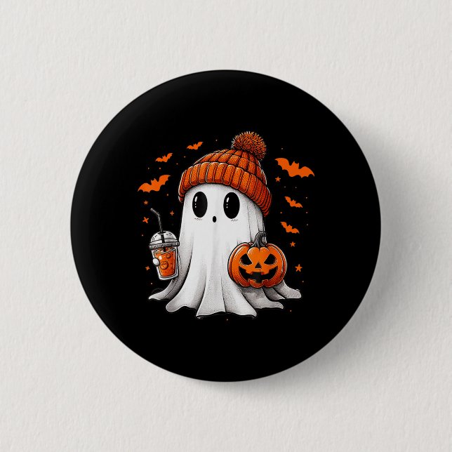 Cute Ghost Drinking Ice Coffee Halloween Pumpkin 6 Cm Round Badge (Front)