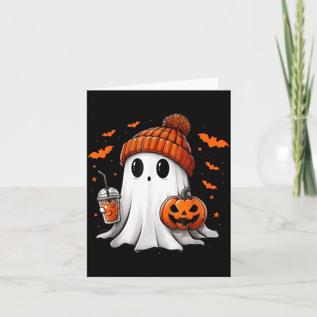 Cute Ghost Drinking Ice Coffee Halloween Pumpkin Card (Front)