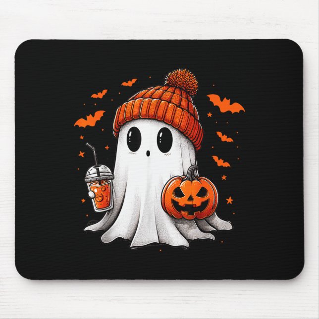 Cute Ghost Drinking Ice Coffee Halloween Pumpkin M Mouse Pad (Front)