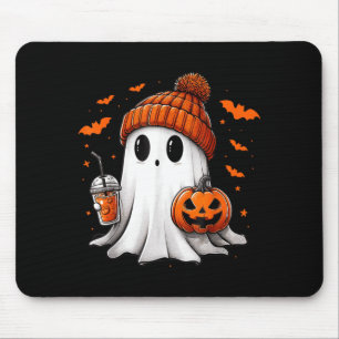 Cute Ghost Drinking Ice Coffee Halloween Pumpkin Mouse Pad
