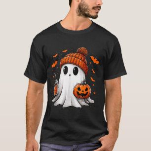 Cute Ghost Drinking Ice Coffee Halloween Pumpkin T-Shirt