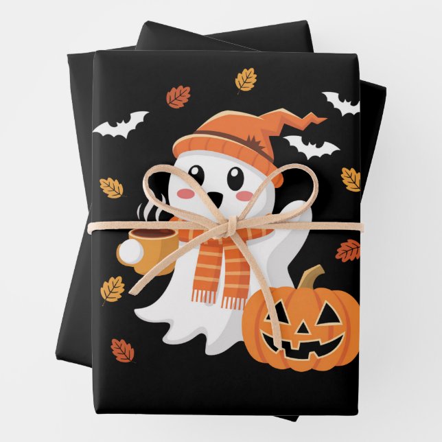 Cute Ghost Drinking Ice Coffee Halloween  Wrapping Paper Sheet (In situ)