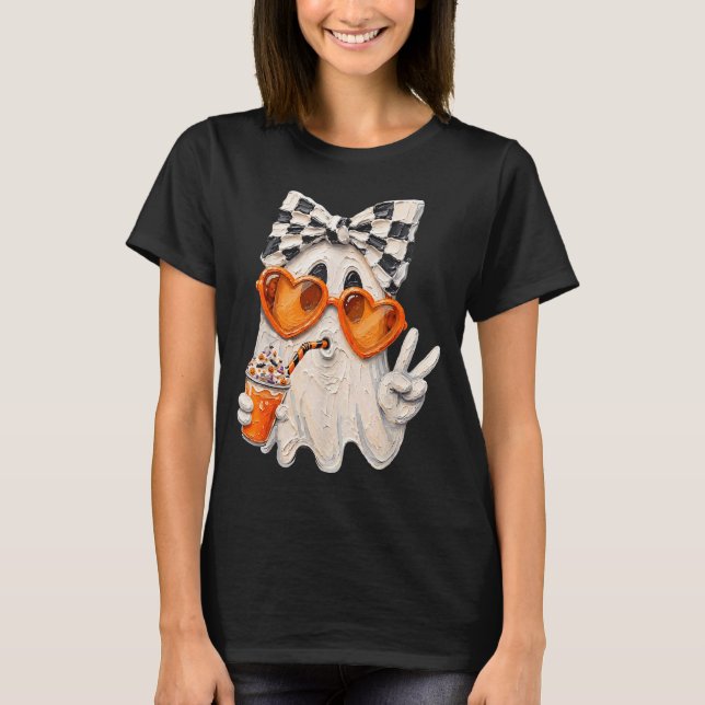 Cute ghost drinking pumpkin latte meme halloween T-Shirt (Front)