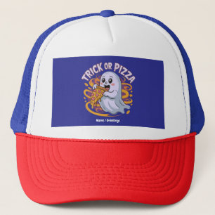 Cute Ghost Eating Pizza Fun Creepy Trick or Pizza Trucker Hat