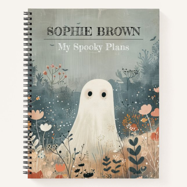 Cute Ghost Fall Foliage Whimsical Halloween Name Notebook (Front)