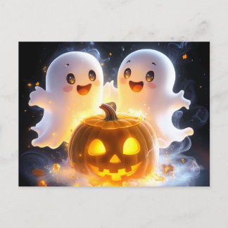 Cute Ghost Family Halloween Pumpkin Spooky Night Holiday Postcard