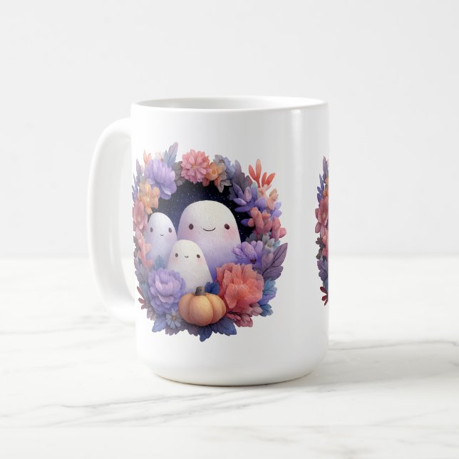 Cute Ghost Family Halloween Wreath Coffee Mug (Front Left)