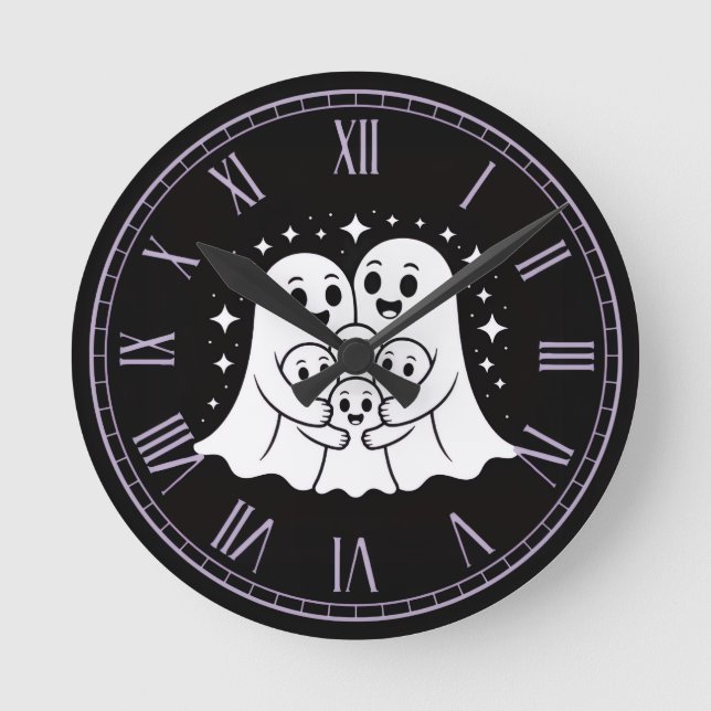 Cute Ghost Family Hugging Black and White Stars Sp Round Clock (Front)
