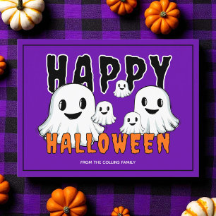 Cute Ghost Family Retro Purple Happy Halloween Holiday Postcard