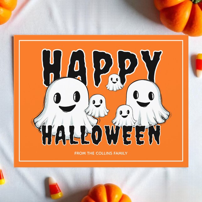 Cute Ghost Family Spooky Orange Happy Halloween Holiday Postcard (Cute Ghost Family Spooky Orange Happy Halloween Holiday Postcard)