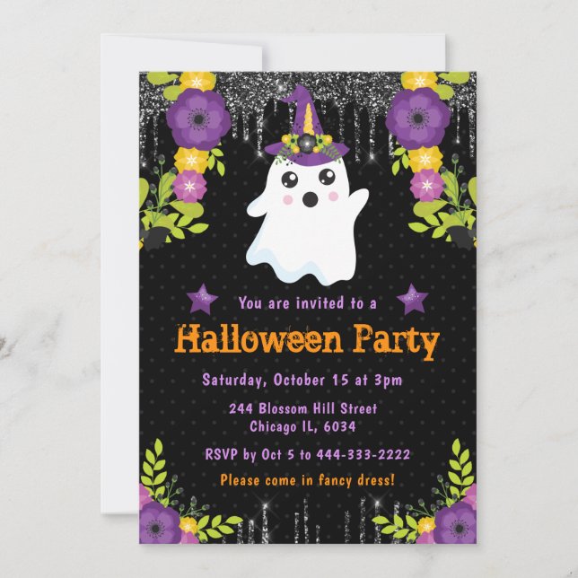 Cute Ghost Floral Halloween Party Invitation (Front)