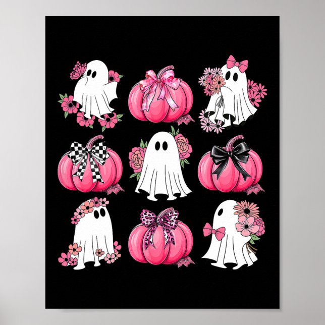 Cute Ghost Florals Pink Coquette Bows Pumpkins Hal Poster (Front)