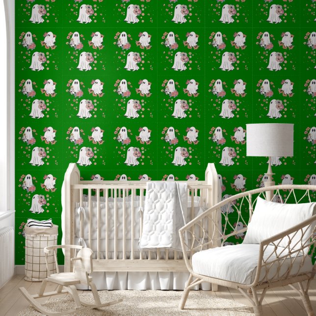 Cute ghost flower kids pattern green background wallpaper (Kids)