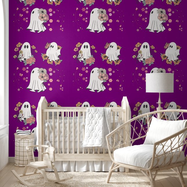 Cute ghost flower kids pattern purple background wallpaper (Kids)