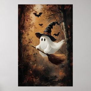 Cute Ghost Flying On A Witch Broom In Autumn Poster