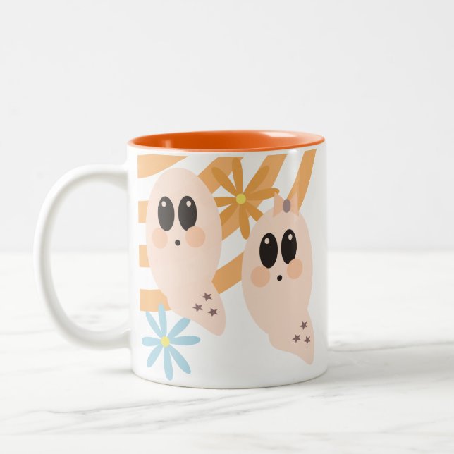 Cute Ghost Ghoul Retro Groovy Floral Two-Tone Coffee Mug (Left)